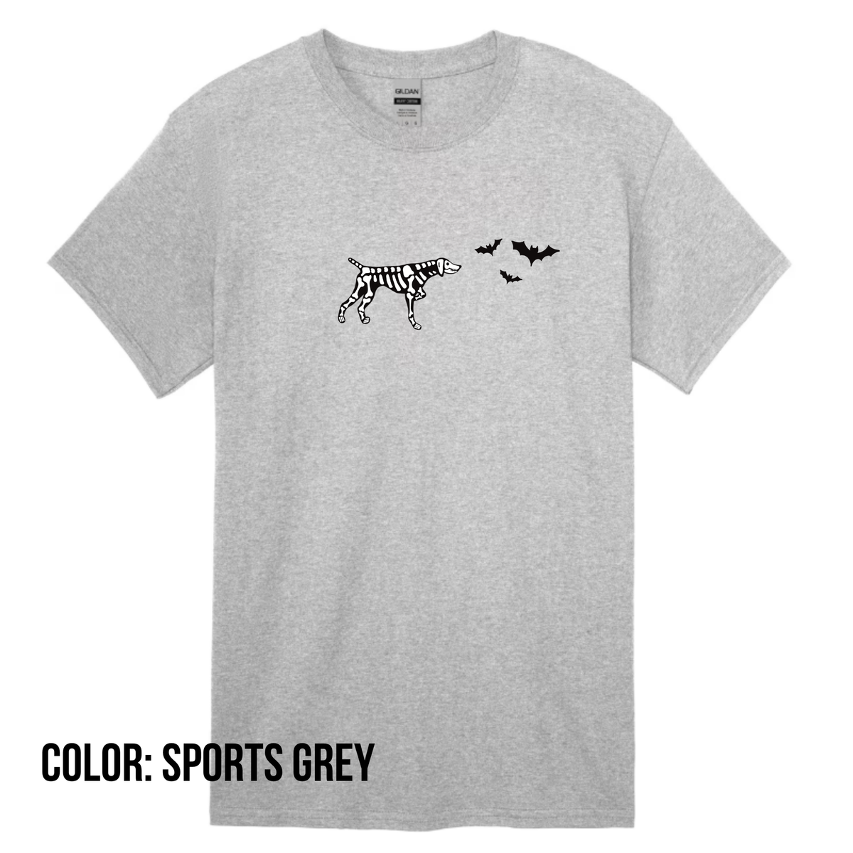 a grey t-shirt with a skeleton dog pointing at a group of flying bats